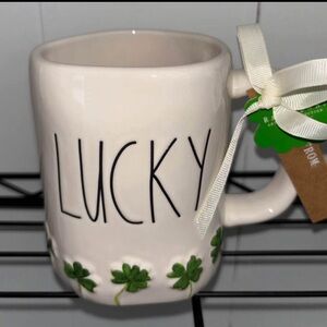 Rae Dunn White 'Lucky' Mug with Green Shamrocks